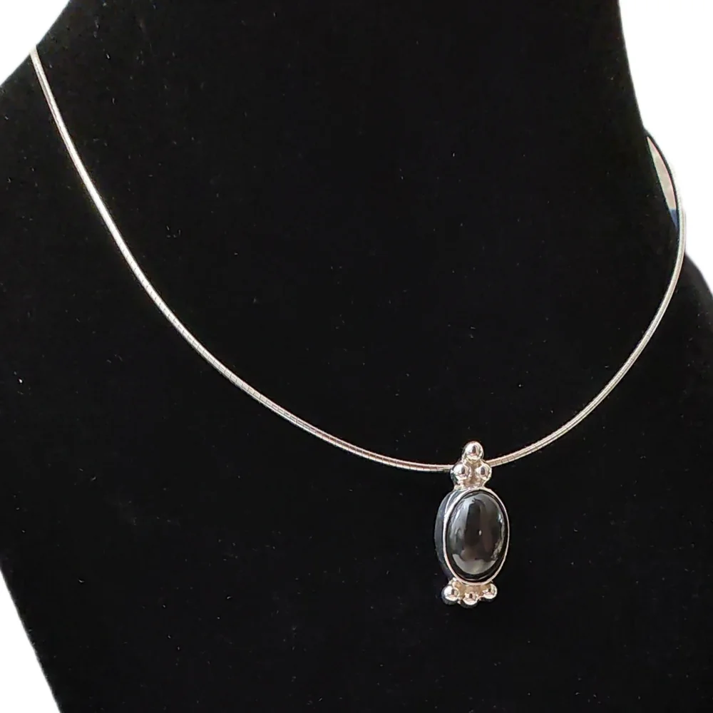 CARSI Taxco Sterling Silver Pebbled Oval Black Onyx Pendant Necklace 16